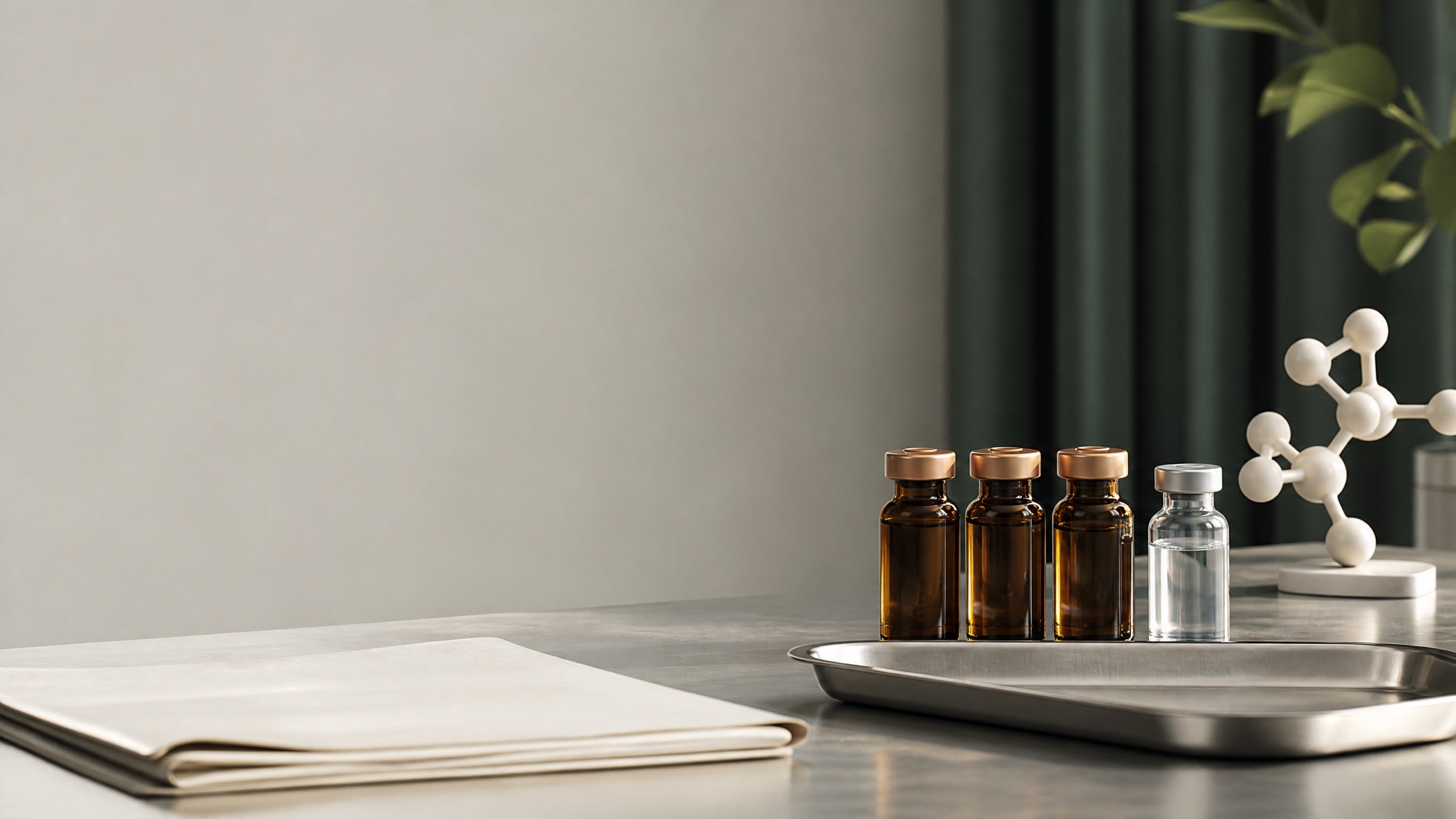 Unbranded clinical peptide vials in a precision workspace