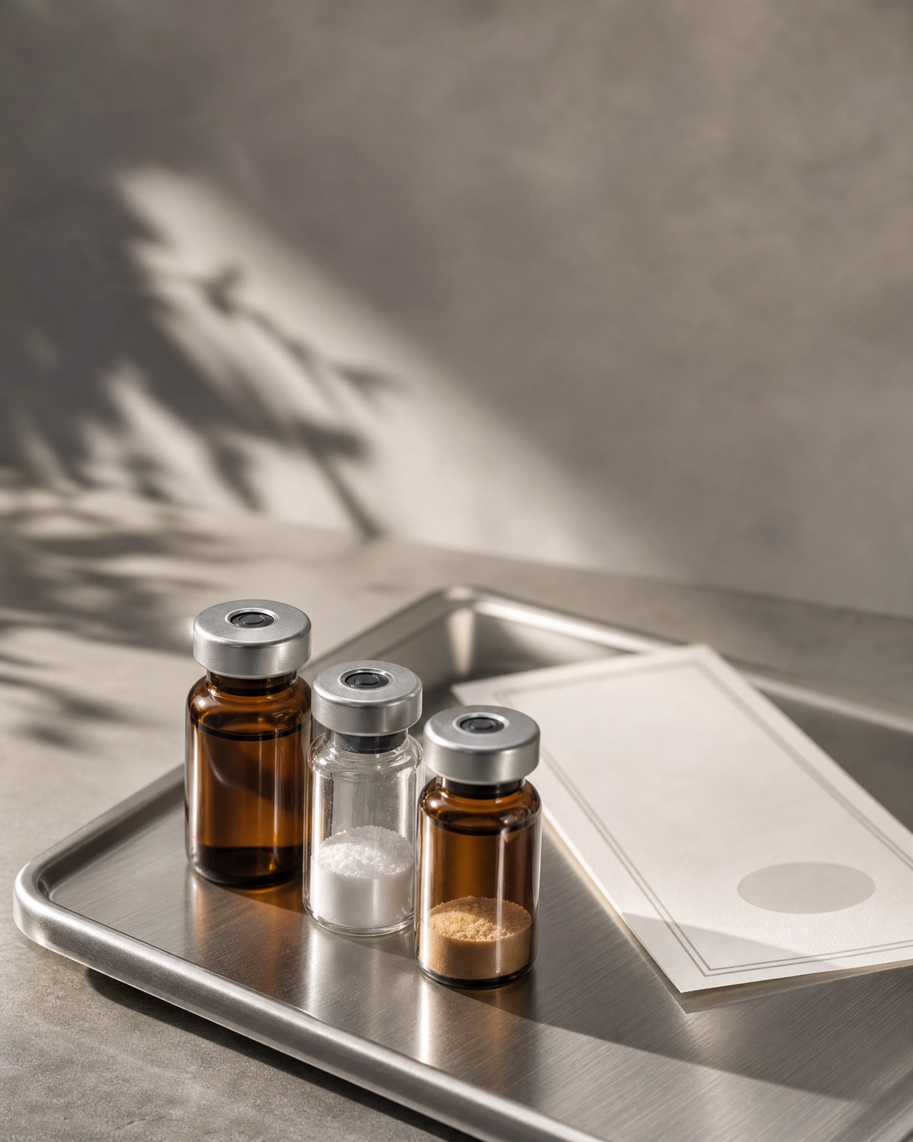 Unbranded peptide vials in a clinical workspace